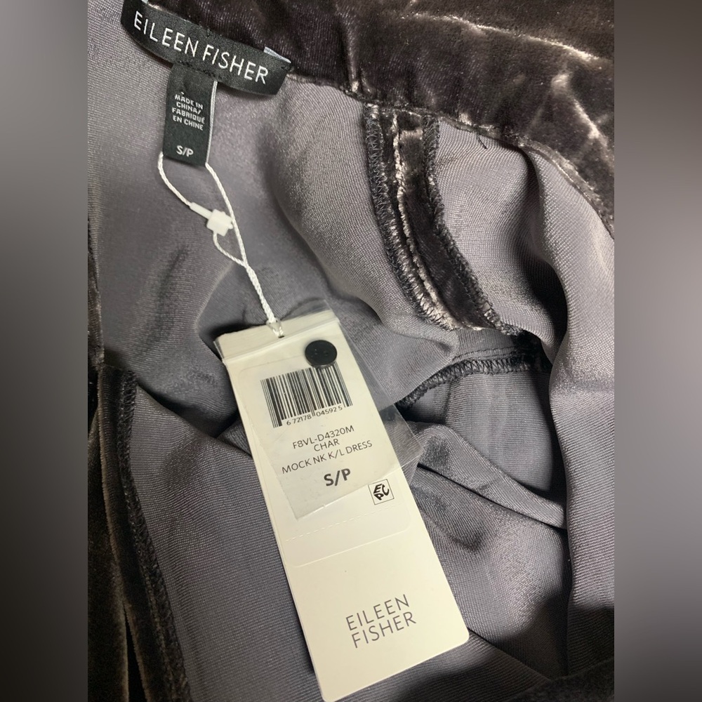 NEW Eileen Fisher Charcoal Crushed Silk Blend Velvet Tie Back Dress Size S - Picture 6 of 8